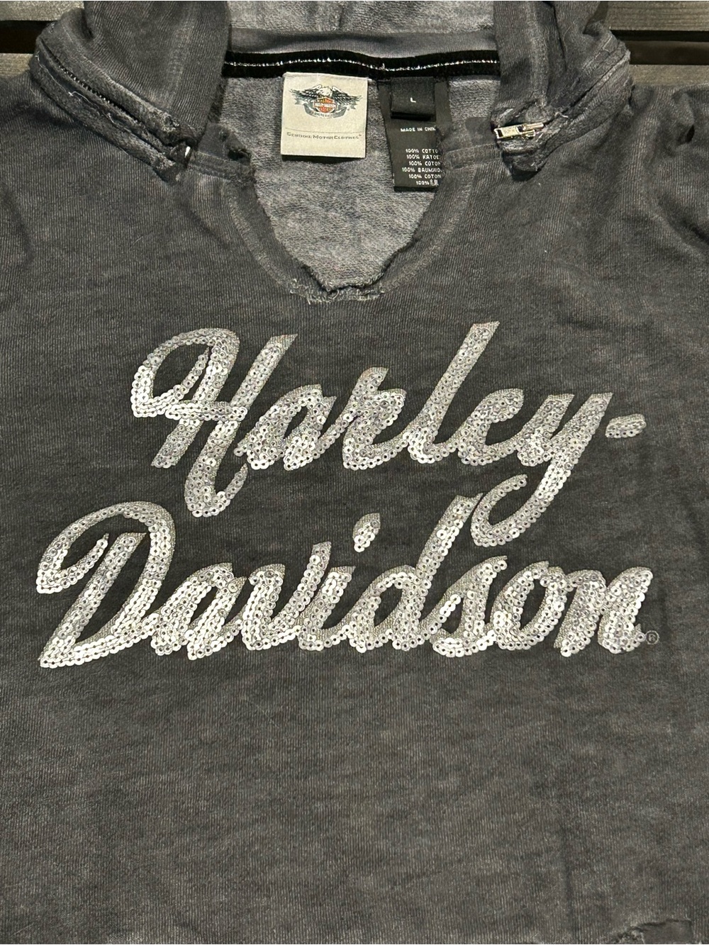 Women’s Harley-Davidson Sequin Hoodie (Size Large) - Distressed Charcoal Gray - Picture 4 of 9